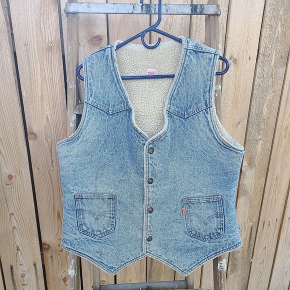 Levi's Other - Vintage Levis Sherpa Lined Denim Vest Orange Tag Sz. Large Western Style 4 Snaps